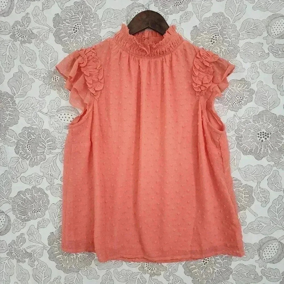 CeCe Womens Coral Ruffle Sleeve Smocked Neck Blouse Top - M - Picture 1 of 7
